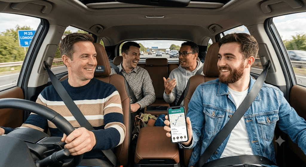 A group of friends carpooling together and using the RideMate app on their commute