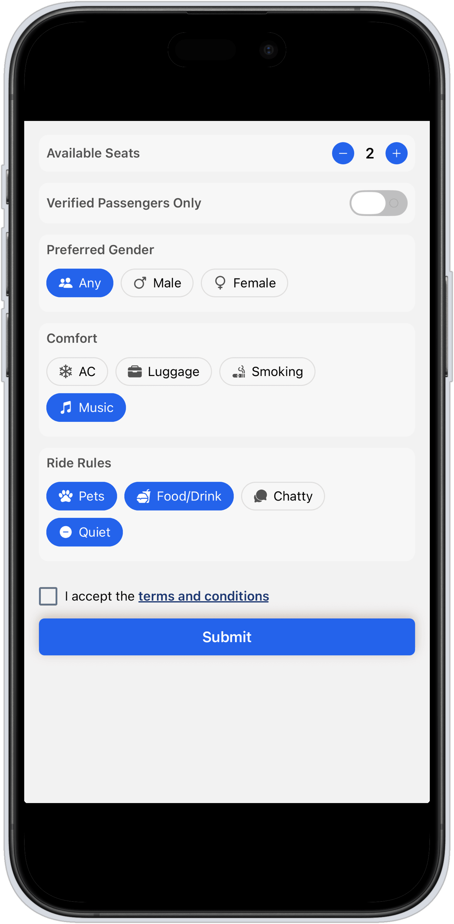 Driver ride preferences: seats, verified passengers only, preferred gender, comfort and ride rules.