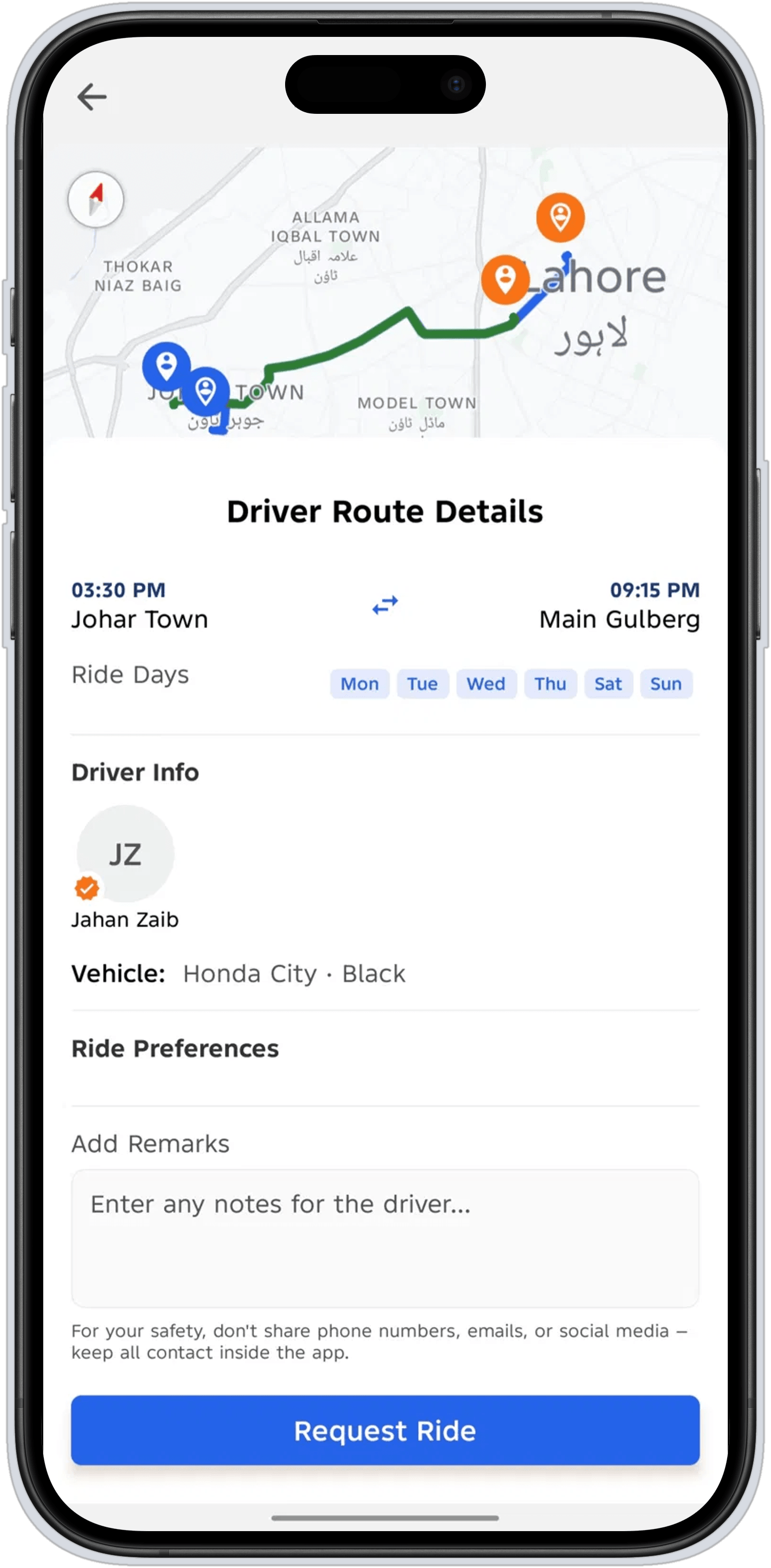 Driver route details with map, verified badge, and vehicle info.