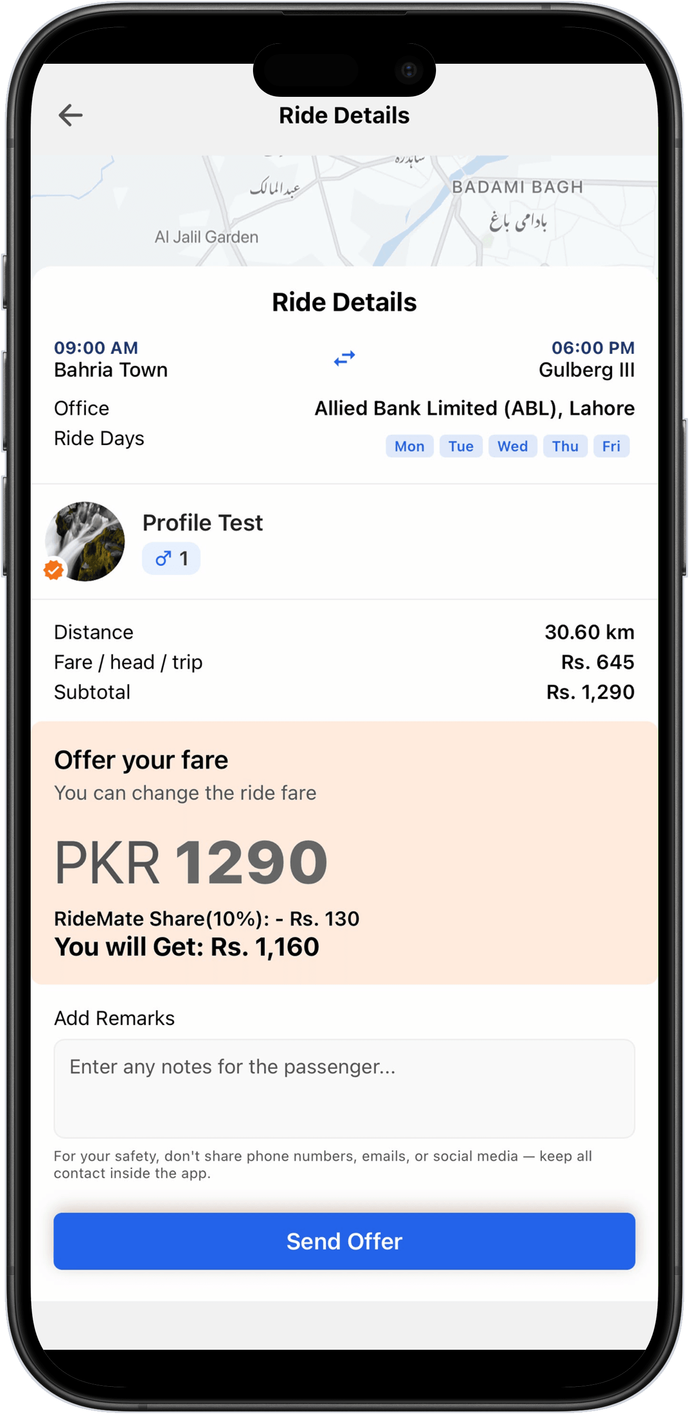 RideMate ride offer screen for the Bahria Town to Gulberg III daily route.