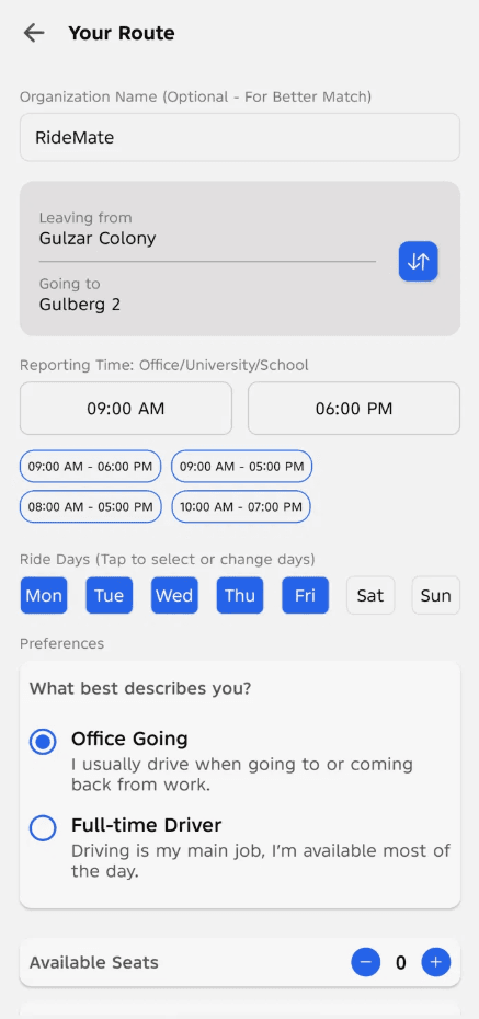 Setting up a daily route in RideMate.