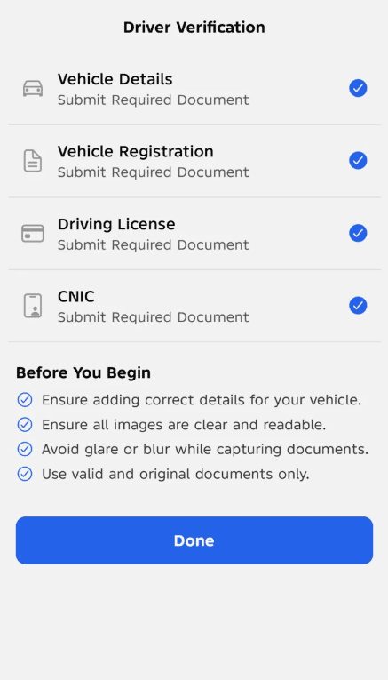 RideMate's driver verification checklist.
