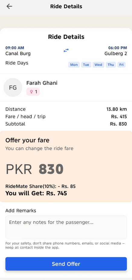 Ride offer screen showing per-seat fare and RideMate's transparent 10% share.