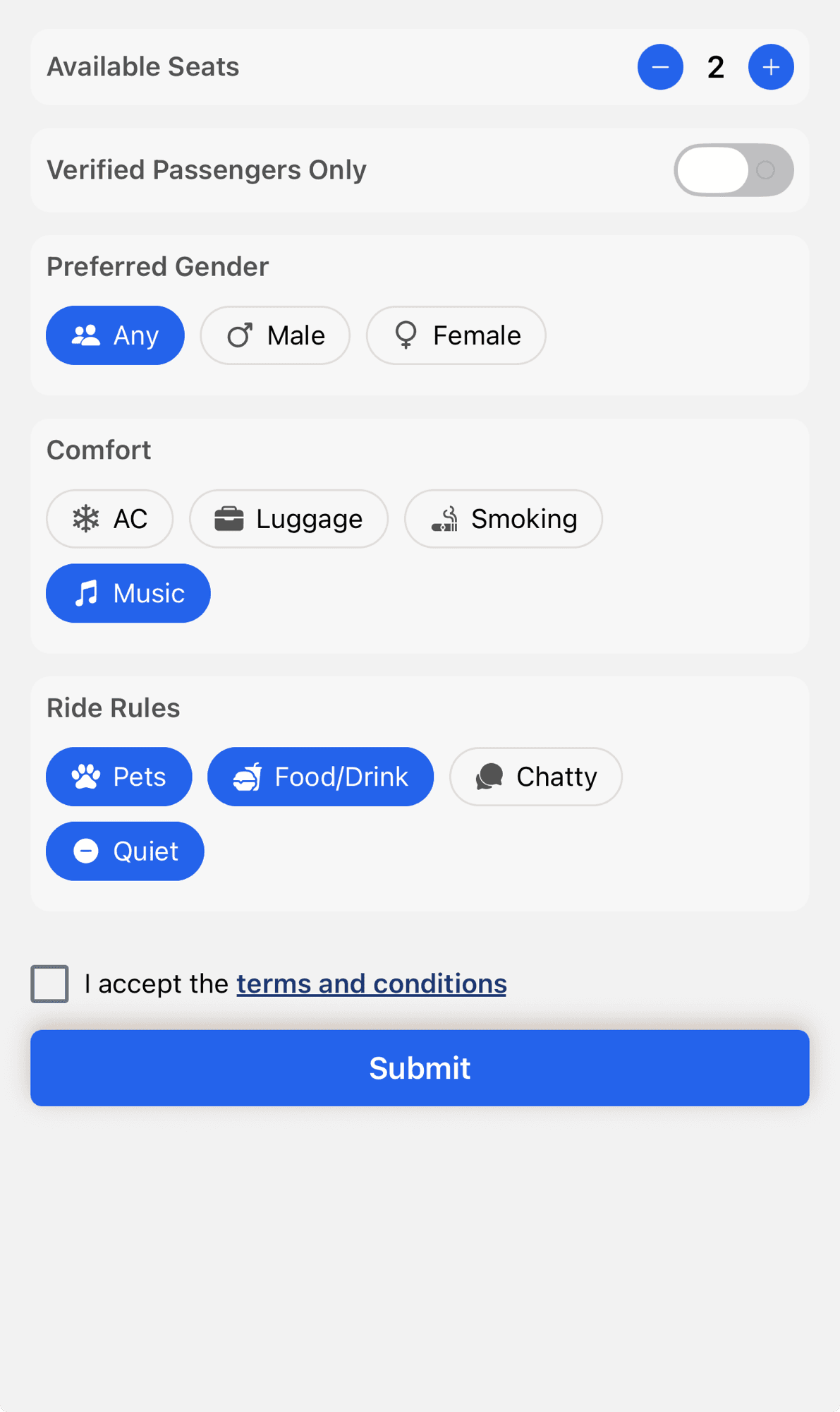 Driver ride preferences: seats, verified passengers only, preferred gender, comfort and ride rules.