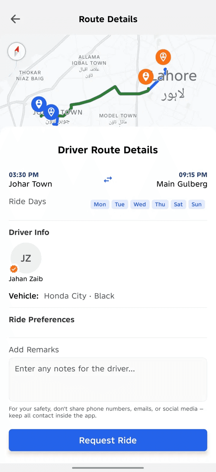 Driver route details with map, verified badge, and vehicle info.